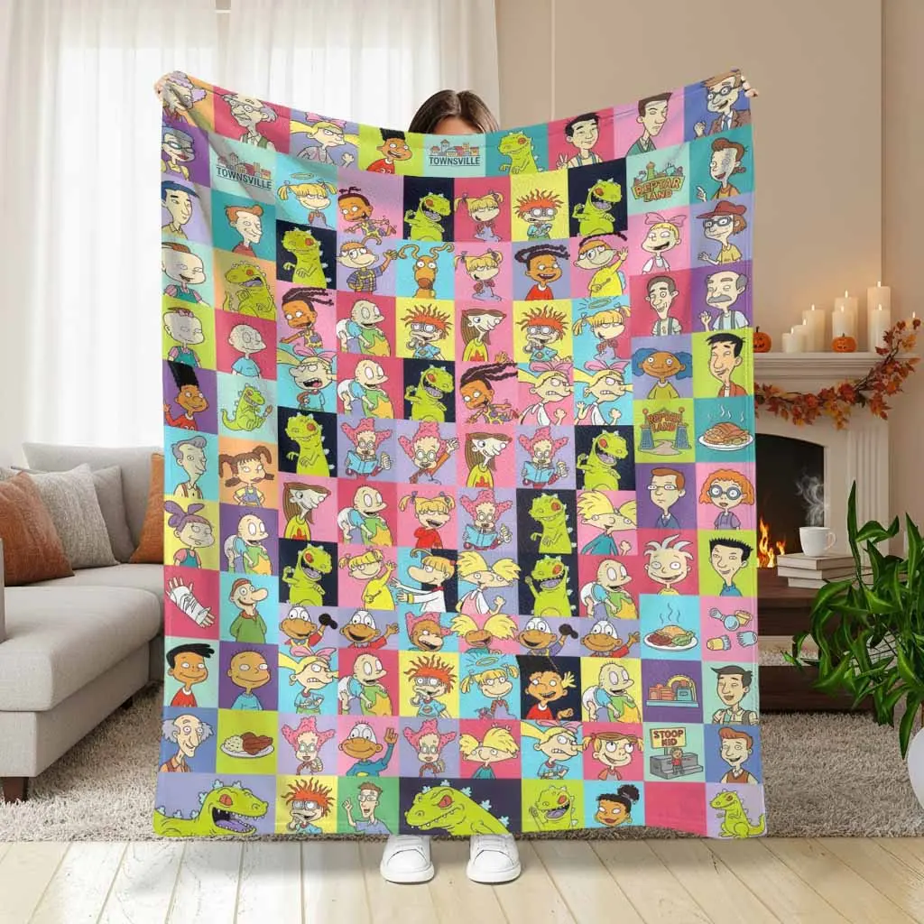 Rugrats Reptar Land Flannel Blanket Vibrant Cartoon Characters Print Soft Warm Cozy Perfect for Living Room Couch Bedroom Home Decor Gift for Fans and Friends.