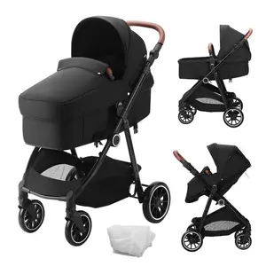 VEVOR Standard Baby Stroller, Infant Toddler Stroller with Bassinet, 3rd-Gear Adjustable Backrest Foldable Reversible Seat, Carbon Steel Newborn Stroller with Leg Cover and Mesh Net, Black