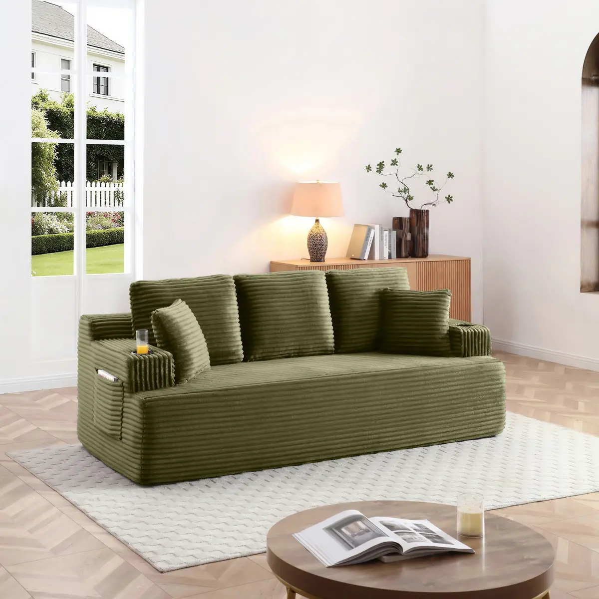 86.2''Boneless Sofa Couch with 2 Pillows Extra , Corduroy Fabric 3 Seater with Cup Holder & Side Pocket Upholstered Floor Easy Installation (Green, 3 Seater)