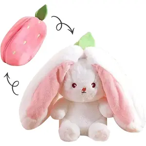 Bunny Plush Doll Toy Pillow, Reversible Carrot Strawberry Bunny Stuffed Animal with Zipper, Cute Rabbit Decoration for Kids & Adult Birthday Party Gift (1pcs 7" Strawberry)