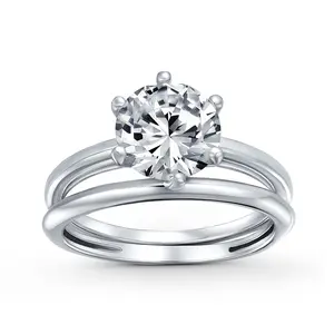 Traditional CZ Cubic Zirconia 3CT Solitaire 6 Prong Engagement Ring Set & Band .925 Sterling Silver