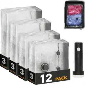 Travel Vacuum Bags for Luggage with Electric Pump, 12 Pack Vacuum Seal Bags for Clothing Travel, Space Saver Compression Bag for Backpack and Suitcase