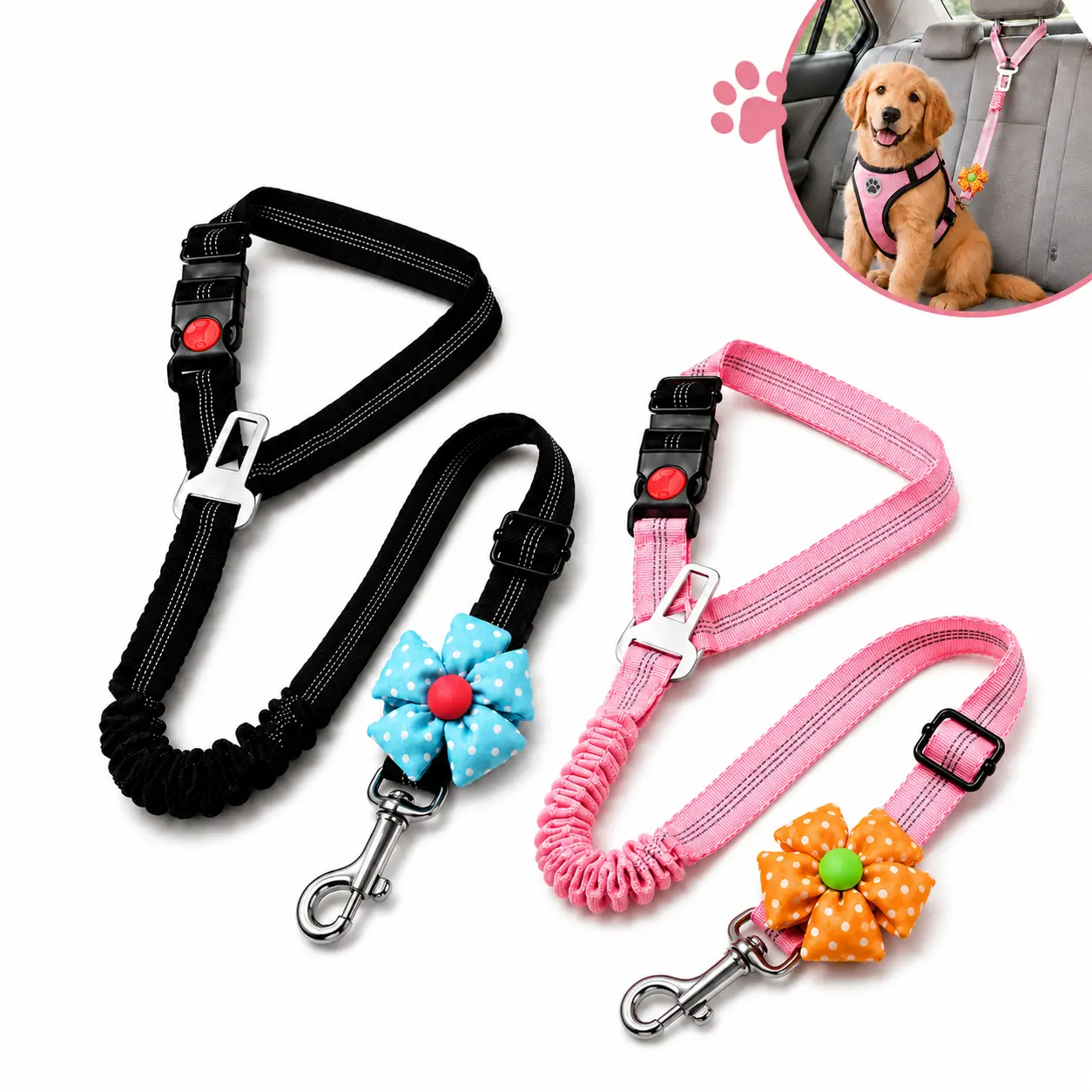 Dog Car Harness Seatbelt Restraints 2-Pack - 3-in-1 Adjustable Pet Safety Tether with Elastic Bungee, Headrest Attachments, Seat Buckle, Reflective Leash, Black & Pink Options, Safety First