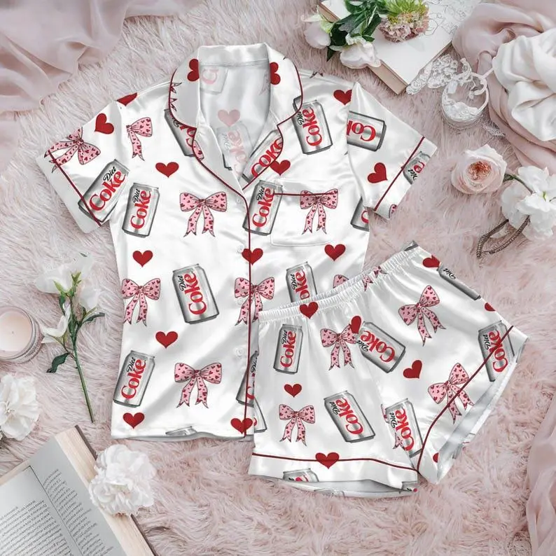 Novelty Pajama Set: Diet Coke & Bow Print, Satin Loungewear , Sleeve Sleepwear Lounge Set