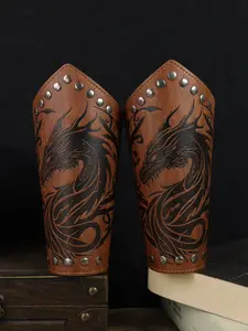 2PCS Medieval Dragon Engraved Leather Bracers, Viking Style Studded Arm Guards, Renaissance LARP Cosplay Wrist Cuffs, Gothic Fantasy Costume Accessory for Men & Women