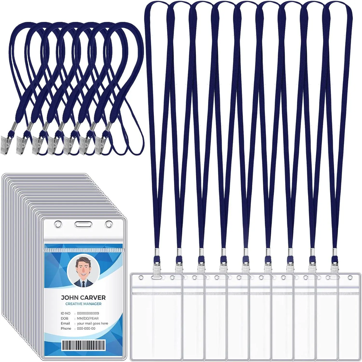 200 count Name Tag Lanyards with ID Holder Lanyards for ID Badges Resealable Flat  Name Tag with Clip  Plastic Clear Badges Bulk for School Office Supplies (Dark Blue)