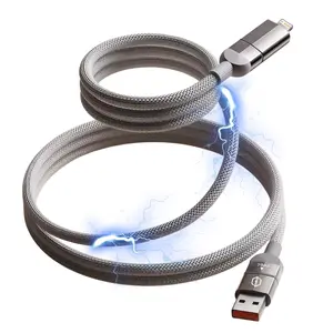 4-In-1 Fast Charging Magnetic Cable, Compatible with USB a Type-C Lightning, Supports 65w Quick Charge, Super Fast Charging, Anti-Knot Design for iPhone iPad Samsung Laptop, Smartphone