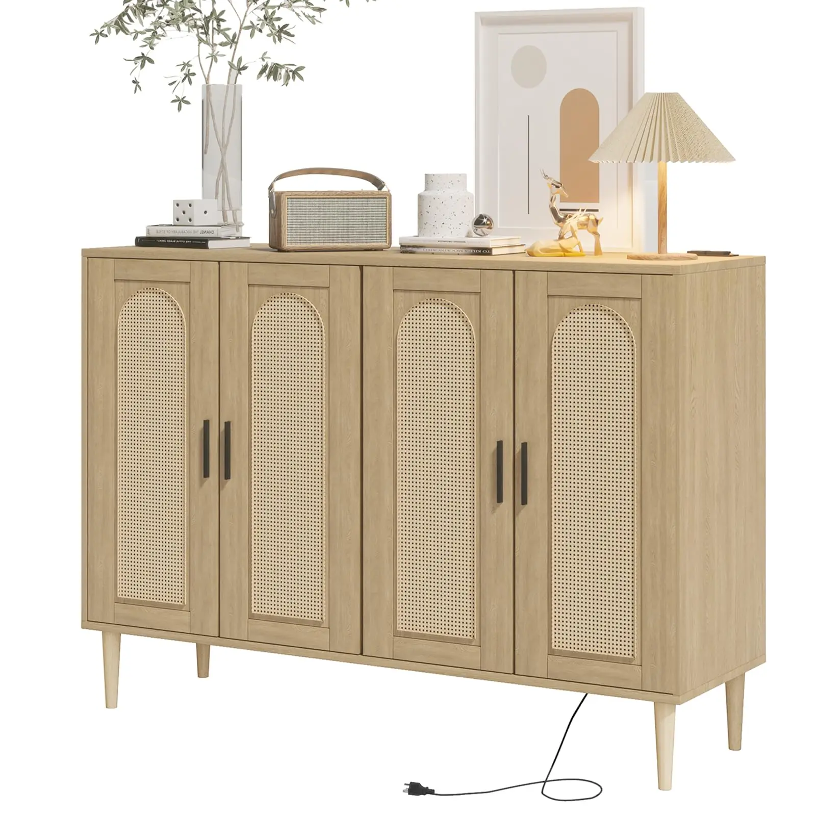 Rattan Sideboard Buffet Cabinet with Storage, 4 Doors Accent Console Table with Built-in Power Outlet, Boho Coffee Bar Cabinet with Adjustable Shelves, Natural Rattan Credenza for Kitchen Dining Room Hallway Entryway Living Room