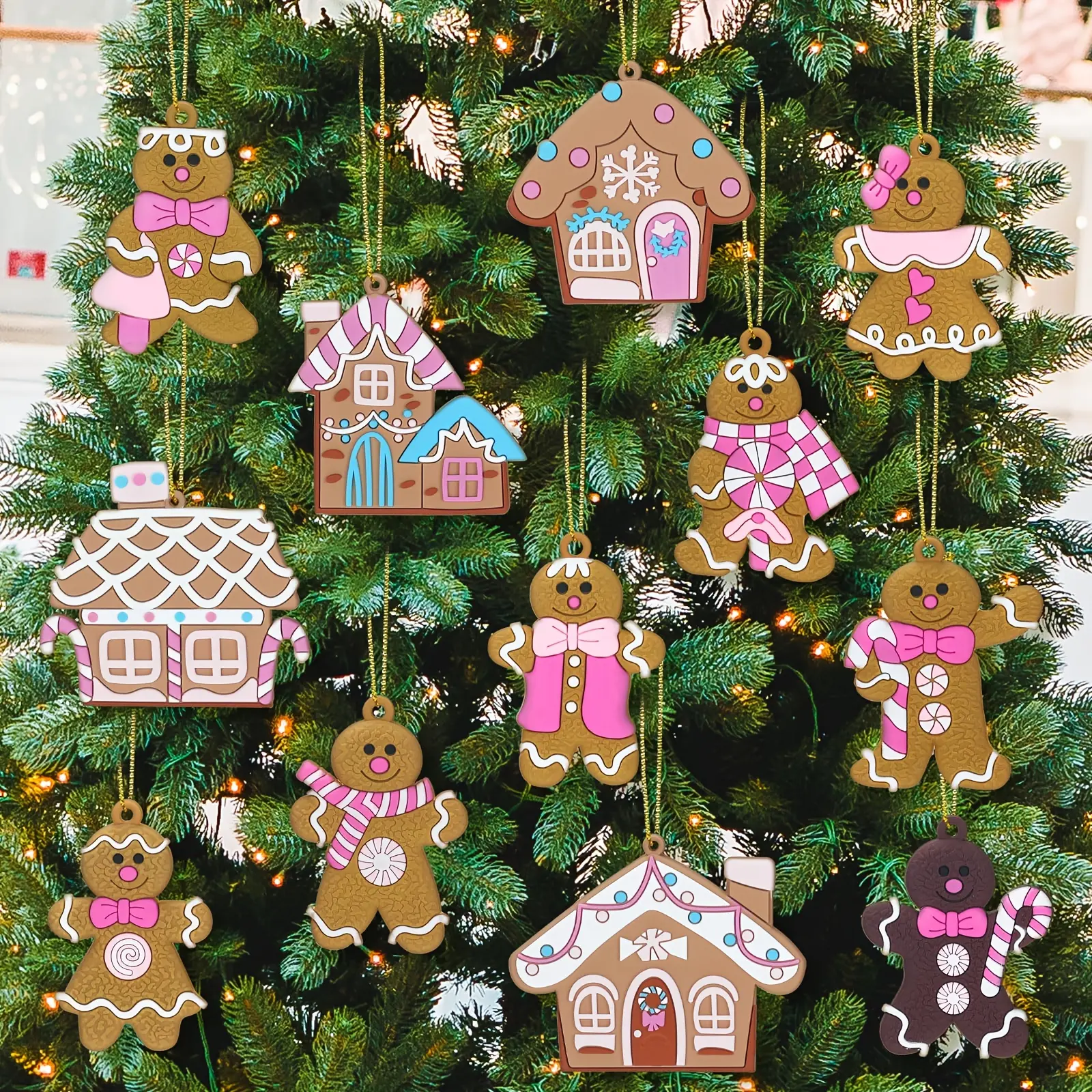 12pcs PVC Hanging Gingerbread House & Gingerbread Man Ornaments, Multicoloured Christmas Indoor Home Festive Party Supplies