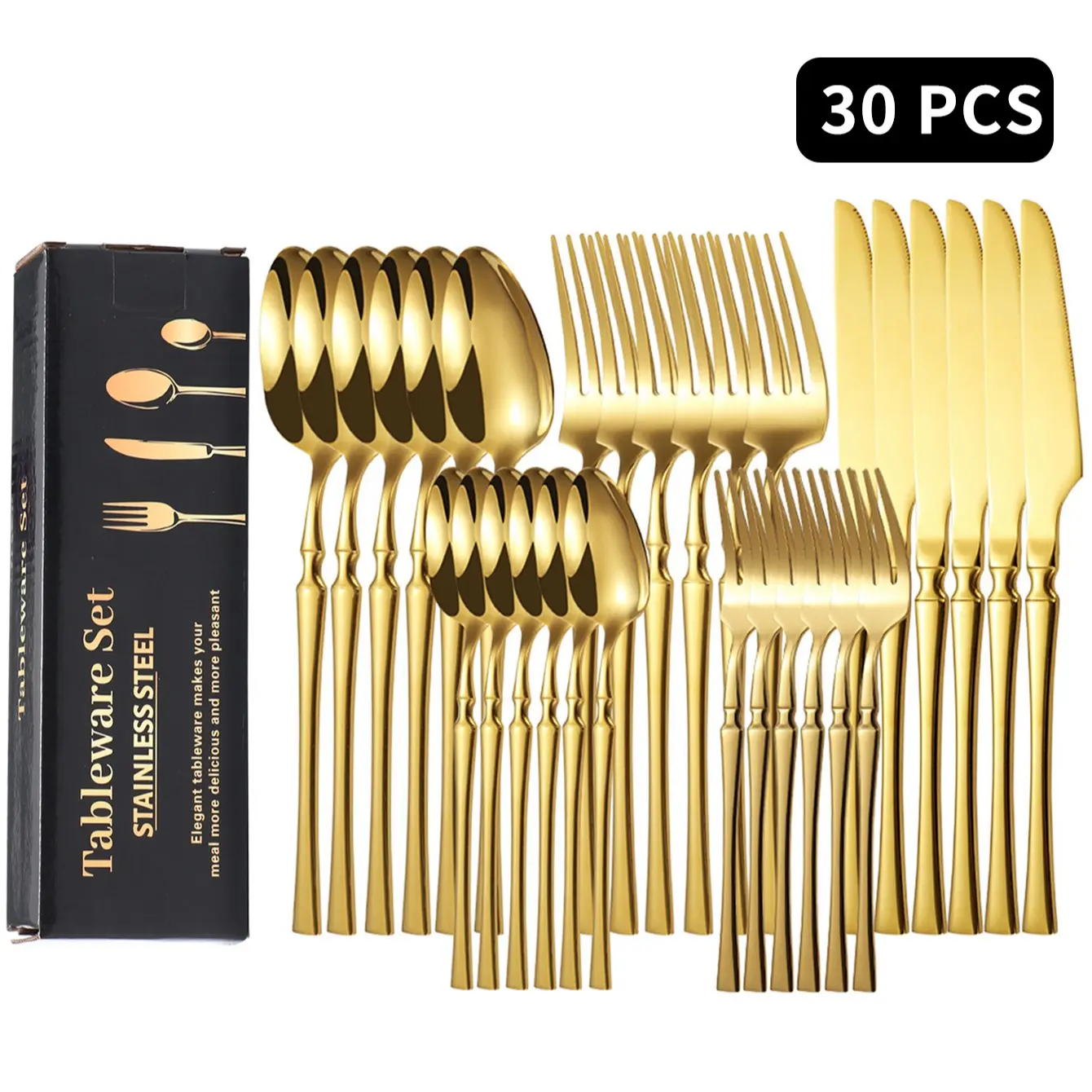 Stainless Steel Gold Silverware Set, 30-Piece Flatware  Mirror Finish Knives, Forks & Spoons with Teaspoons , Dishwasher Safe Tableware Kit, Cutlery,kitchen，kitchen accessories，kitchen essentials，knives kitchen set，kitchen supplies Utensils Dinnerware Set