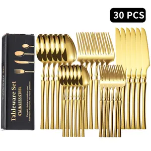 Stainless Steel Gold Silverware Set, 30-Piece Flatware  Mirror Finish Knives, Forks & Spoons with Teaspoons , Dishwasher Safe Tableware Kit, Cutlery,kitchen，kitchen accessories，kitchen essentials，knives kitchen set，kitchen supplies Utensils Dinnerware Set
