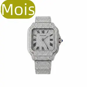 ⑤⑧SPACEICE MOIS Iced Out C style Watch - Full Pave Moissanite Diamond Hip Hop Wrist Watch, Silver Tone Stainless Steel, Waterproof, Roman Numeral Dial, for Rapper Style