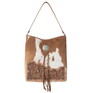 Myra Yellowstone Tawny Ridge Handtooled Hairon Concealed Carry Bag in Ivory Mocha