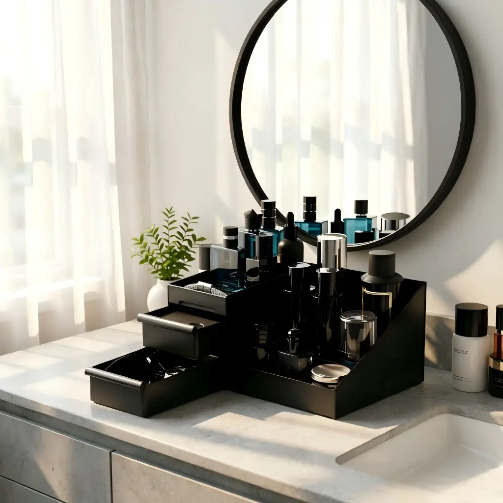 Dad's 3-Layer Black Storage Box – Elegant Drawer Organizer for Bathroom, Bedroom or Vanity – Holds Watches, Colognes, Skin Care & Jewelry – Thoughtful Father’s Day Gift for Husband or Dad