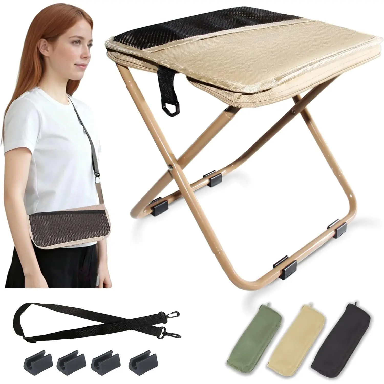 Collapsible Portable Stool for Adults, Heavy-Duty 270 LBS Low Profile Seat with Breathable Mesh and 600D Oxford Fabric for Beach Fishing & Hiking, Compact Carry, Rinse‑Clean Mesh