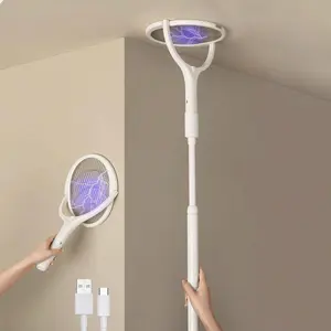 Rotating Mosquito Swatter with LED Light, Rechargeable Fly Killer, Capture Bugs From Various Angles, Includes Base and Extensible Pole