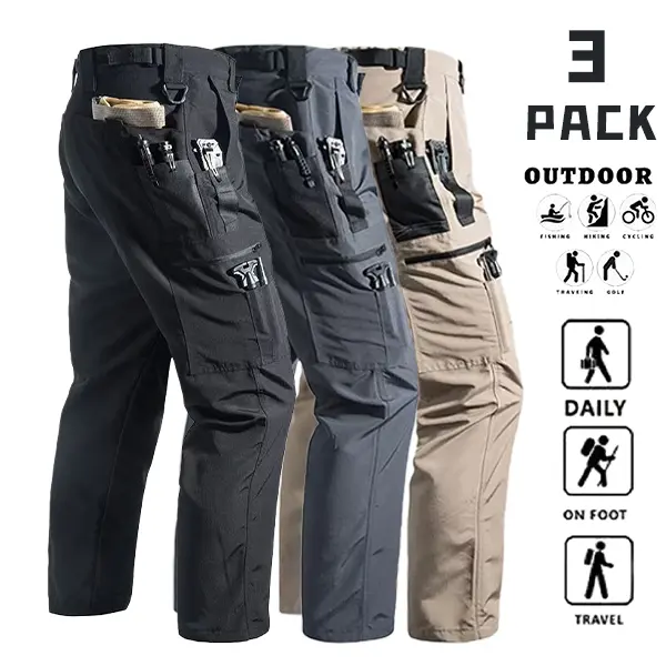 Men’s 3-Pack Polyester Mid-Waist All-Season Tactical Cargo Work Pants, Waterproof Straight-Leg with Zip Pockets for Outdoor Fishing Cycling