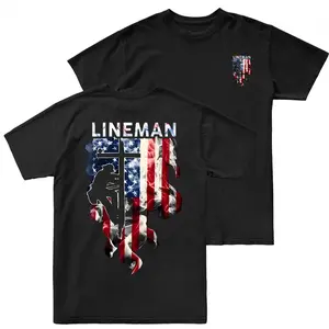 Lineman American Flag Graphic T Shirt 2 Sides, Power Line Worker Silhouette Patriotic USA Illustration Tee, Soft Cotton Blend Shirt, Blue Collar Utility Worker Lifestyle Apparel for Men Women, Gift for Linemen
