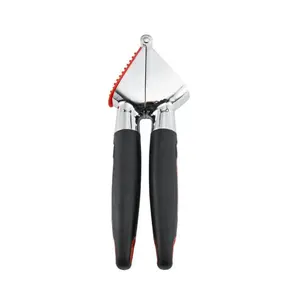 Farberware Soft Grips Stainless Steel Garlic Press with Black Handles Heavy Duty Die Cast Zinc Large Capacity Chamber Self Cleaning Dishwasher Safe