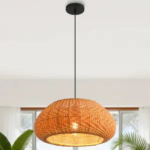 19" Walter Boho Handwoven Rattan Pendant Light, Adjustable Farmhouse Ceiling Lamp for Kitchen Island Dining Living Room