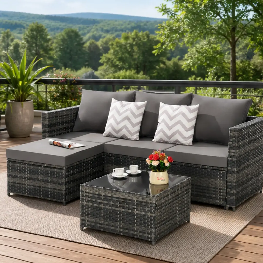 ARCH 2-Piece Outdoor L-Shaped Wicker Sectional Sofa Set with Detachable Ottoman Table, All-Weather Rattan Patio Furniture Set, Water-Resistant Cushions, Dark Gray for Garden Backyard, Metal-Rattan Material, Patio Furniture Sets