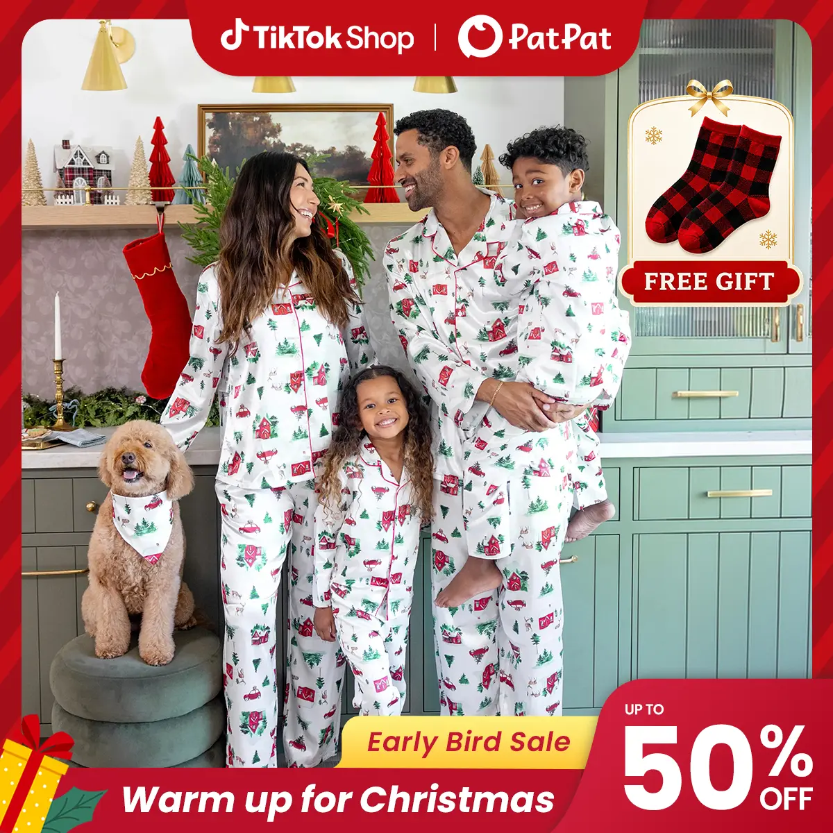 Early Bird | PatPat Mommy & Me Family Matching Christmas Pajamas with Socks Gift, Classic Button-Down Santa Sleigh & Christmas Village Print Elastic Waist Set