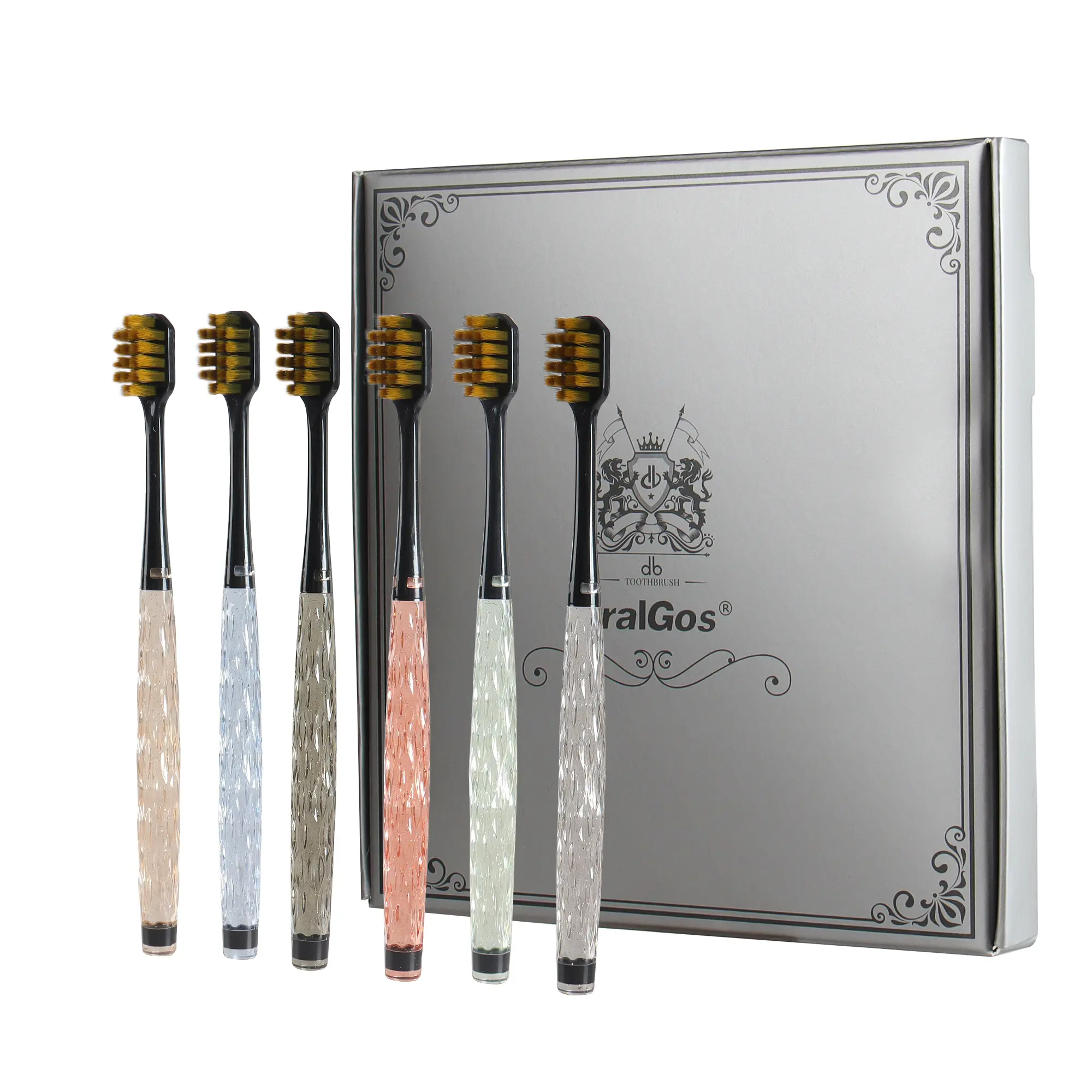 OralGos Luxury Crystal Handle Toothbrush Gift Set for Adults – Soft PBT Bristles, 6 Color Handles for Comfortable Grip, 6-Pack