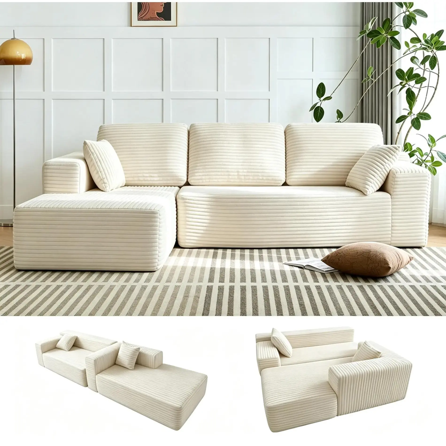 Black Corduroy Modular L-Shaped Sectional Sofa, Oversized Chaise Lounge Couch, Comfy Deep Seat Convertible Block Sofa for Living Room, Apartment, Guest Room, Soft Fluffy Striped Corduroy Fabric, Multi-Support Comfort Design furniture bean bag boneless sml