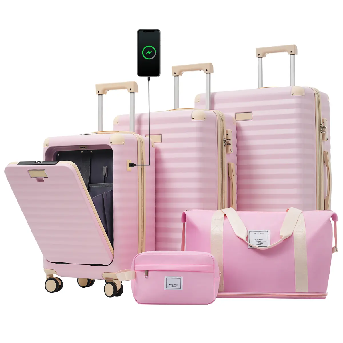 Luggage Sets 5 Piece with Front Opening Hardside Expandable Carry on Suitcase with Spinner Wheels TSA Lock USB Port  Cup Holder Duffel Bag and Toiletry Bag