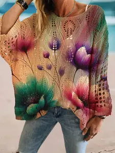 Women's Spring Summer Knit Top, One Shoulder Hollow Out Batwing Sleeves, Floral Print Loose Fit, Boho Style, Casual Elegance
