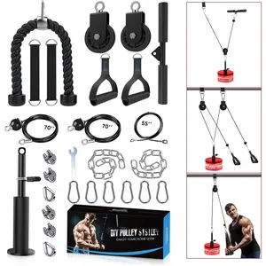 Pulley System Gym, Upgraded Weight Pulley System with 3 Detachable Handles, LAT and Lift Pulley Attachments for Biceps Curl, Triceps, Chest Workout - DIY Home Gym Fitness Equipment