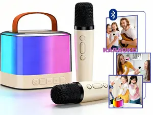 Mini karaoke machine, Bluetooth karaoke speaker, equipped with 2 Bluetooth wireless microphones, colorful LED disco lights, Bluetooth 5.3, USB charging, and 5 modes of microphone sound effects that can be switched.