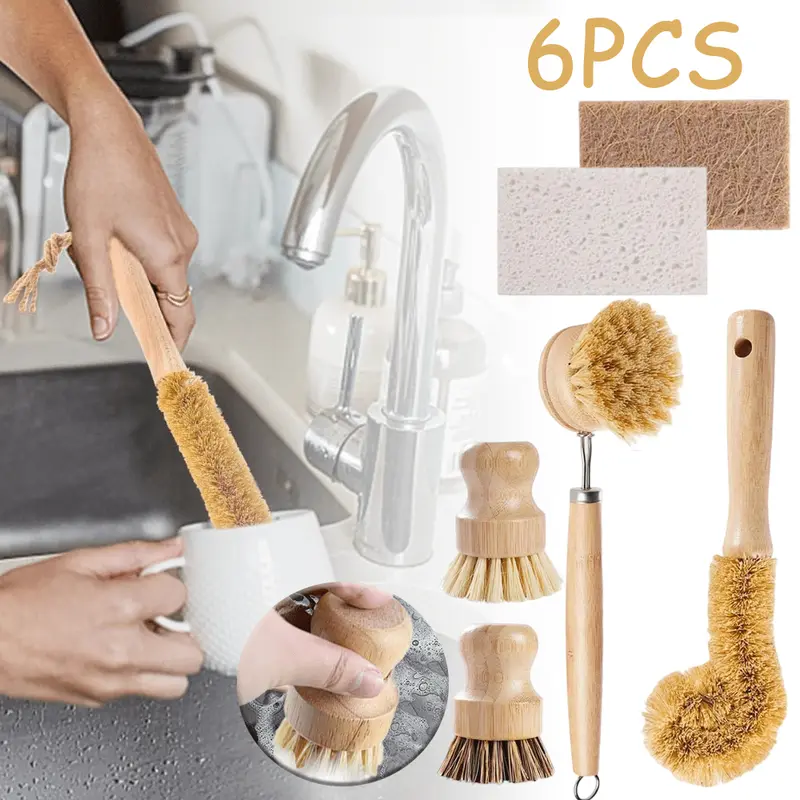 6PCS Bamboo Dish Brush Set with Coconut Sponge - Wooden Dish Brush with Sisal and Palm Fiber, Natural Bamboo Dish Scrub Brush for Kitchen Cleaning Dishes, Pots, Pans, Bottles, Vegetables