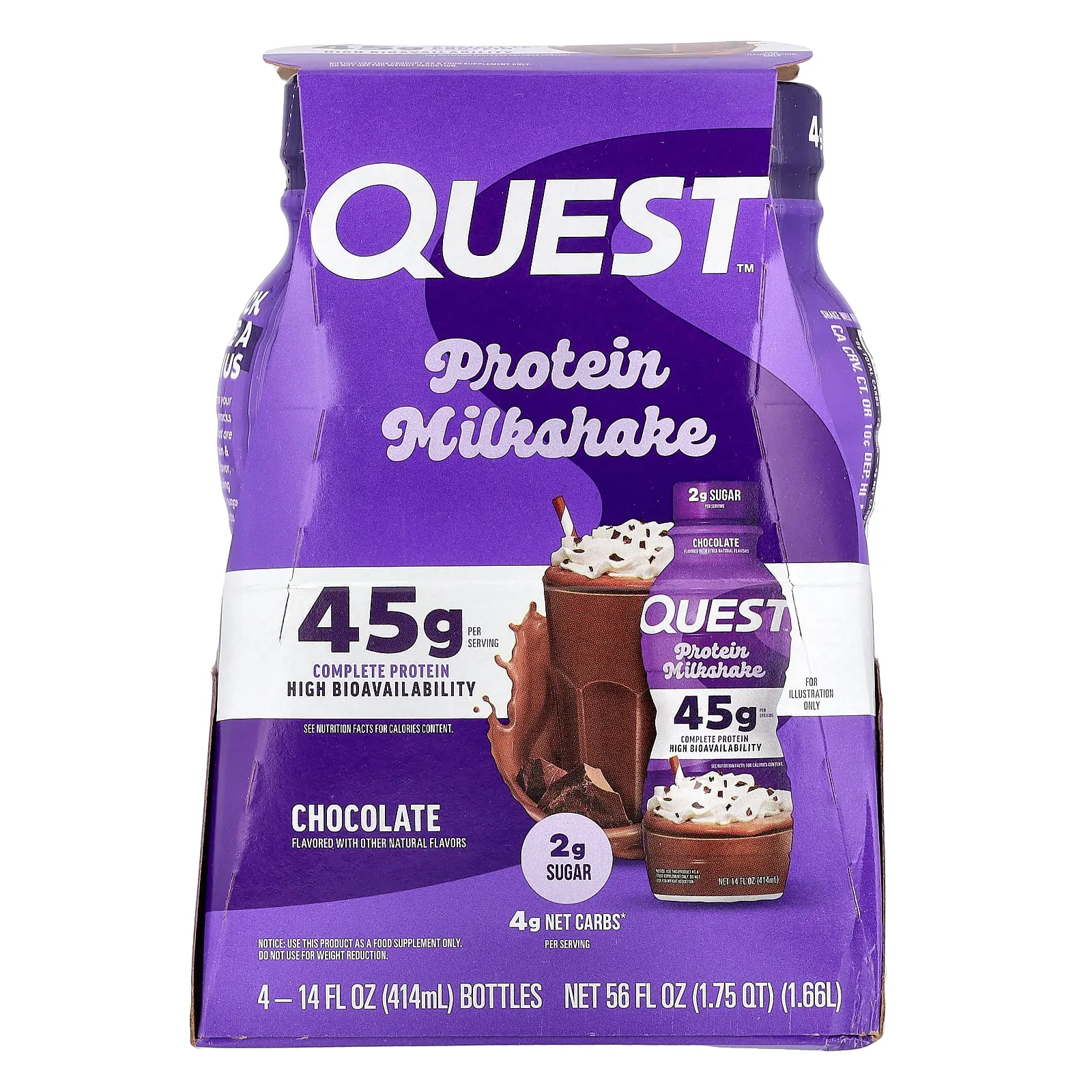 Quest Nutrition Protein Milk Shake, Chocolate, 4 Bottles, 14 fl oz (414 ml) Each