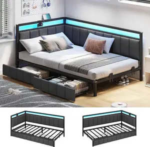 Sikaic LED Daybed with Line Fabric Upholstered Fence and Charging Station Gray Modern Corner Bed Frame with Storage Drawers, Kids Bed Unit with LED Light