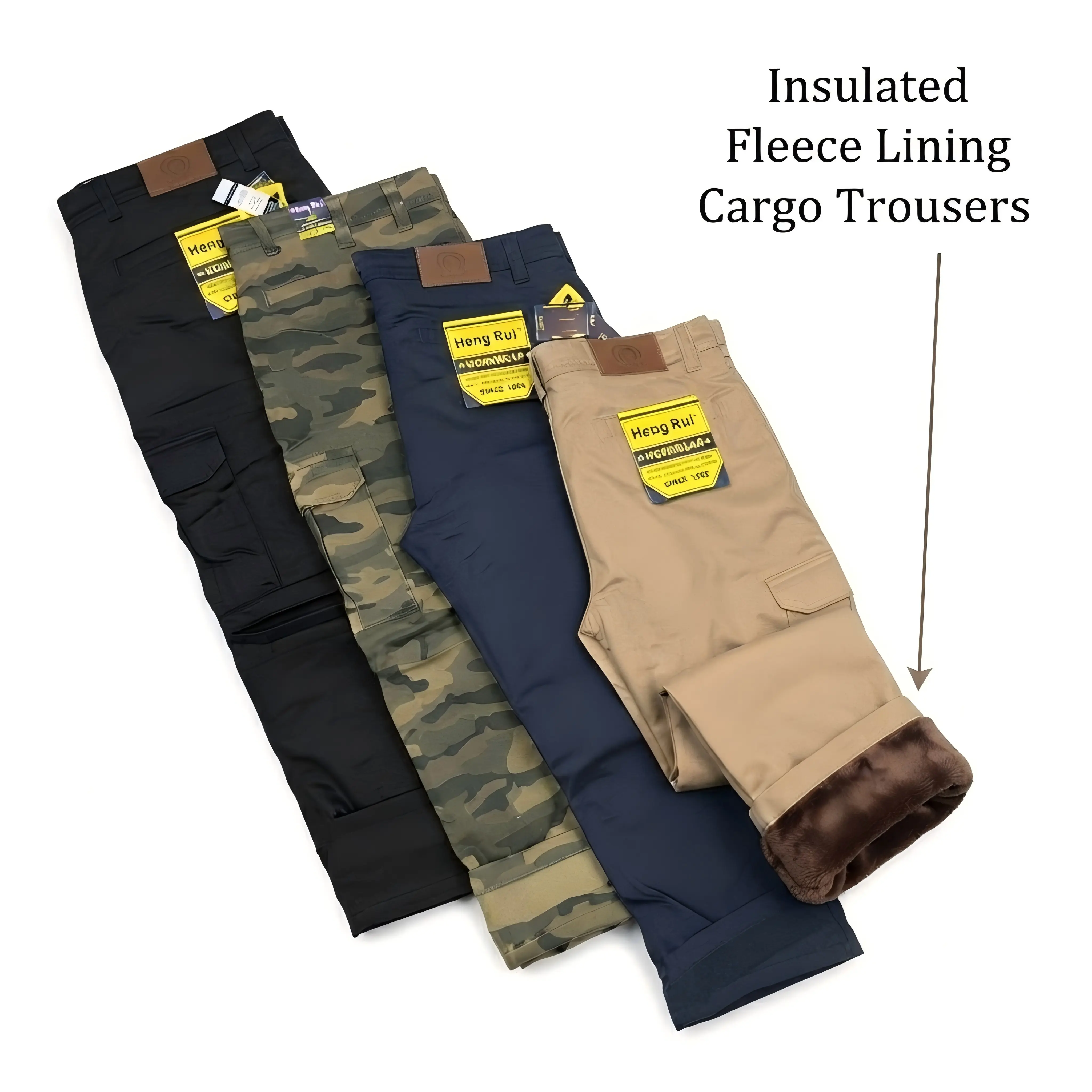 Men's Cold-Ready Fleece-Lined Cargo Pants - 60% Cotton Blend, Adjustable Stretch Fabric, Stylish Casual Business Trousers, Mid Waist, Fitted Cut, Ankle Length, Plain, Cargo Pockets, Button Closure, Work-to-Casual Use (Beware: Runs Small)