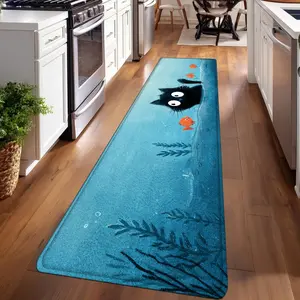 1PC，Black Cat and Orange Fish in Blue WaterPatterned strip rugs, used for everyday or festive decorations, entryway mats, RV mats, bathroom non-slip mats, bedroom bedside mats, and kitchen mats.