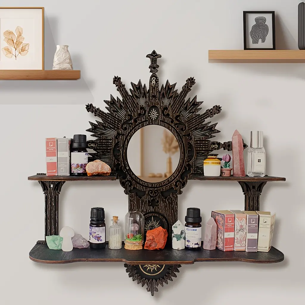 FNYDOX Floating Shelf with Mirror - Wiccan Crystal Shelf Wall-Mounted Suitable for Crystals, Essential Oils Storage Organizer, Meditation Room Decor - Spiritual Gift, Room Shelf, Modern Wood Shelf with Mirror ( Wood Frame)