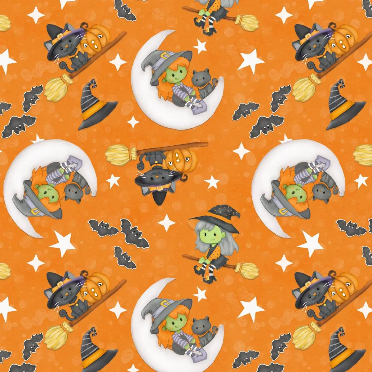 Fabric Henry Glass Orange Witch & Cat on Moon Glow in the Dark Moonlight Mischief by the Quarter Yard 2560G-33