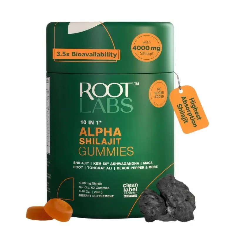 Root Labs Alpha 10-in-1 Shilajit Gummies 4000 mg | Energy, Stamina & Focus | Zero Sugar | KSM-66 Ashwagandha, Tongkat Ali, Maca | Vegan | 60 Count