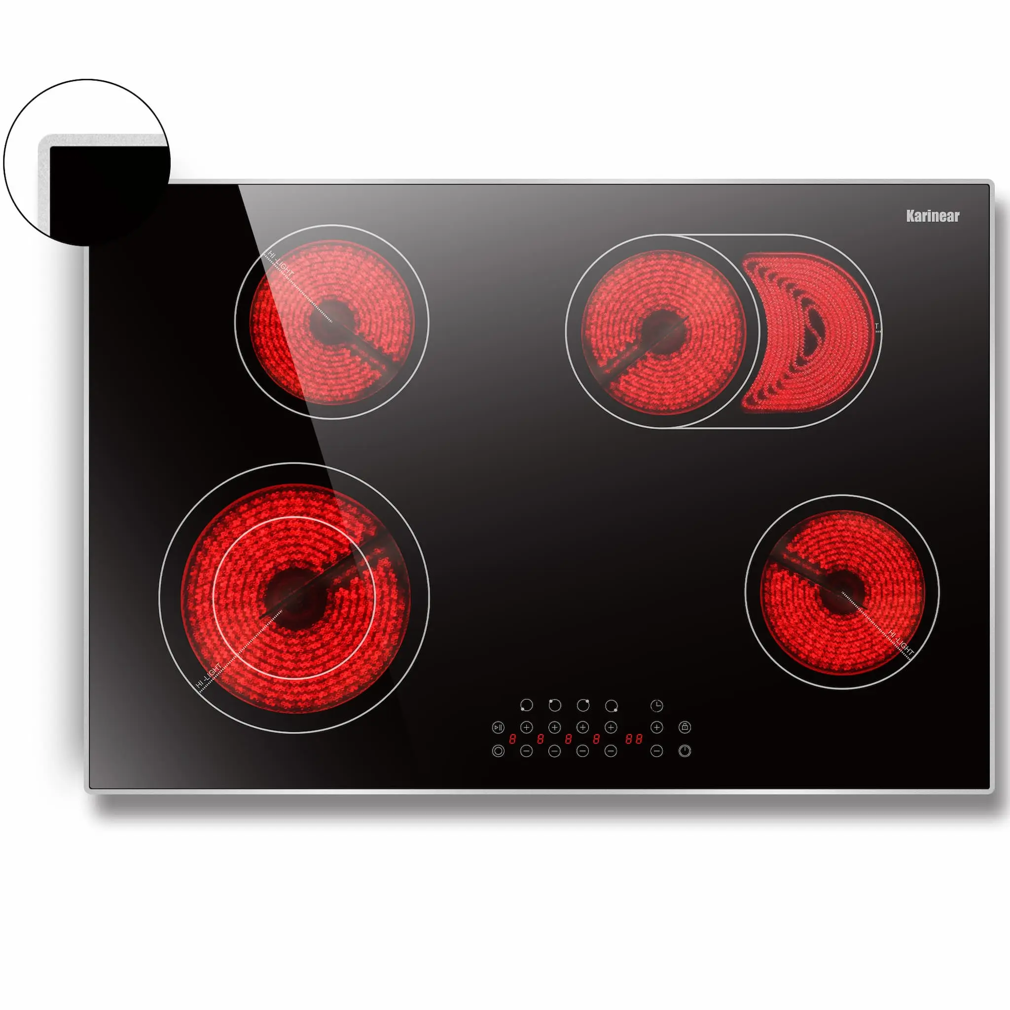 Karinear 30-Inch Framed 4-Burner 6600W Built-In Electric Cooktop for Kitchen, 30.3 x 20.5 Inches Black Smooth Glass, Metal Frame, Hot Surface Indicator, 220-240V Hardwired (No Plug)