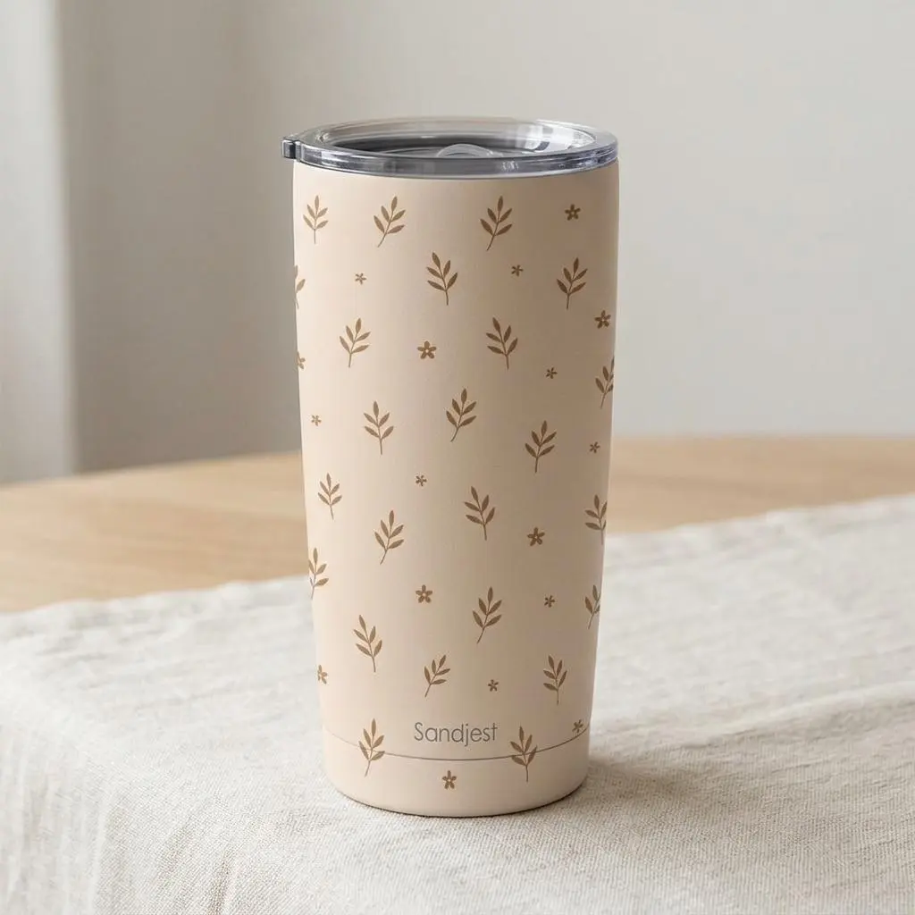 SANDJEST Cute Stylish 20oz Stainless Steel Curved Vacuum Flask Tumbler with Slide Lock Lid, Double-Wall Insulated Coffee Travel Cup, Cup Holder Friendly Gift for Girls, Coworkers