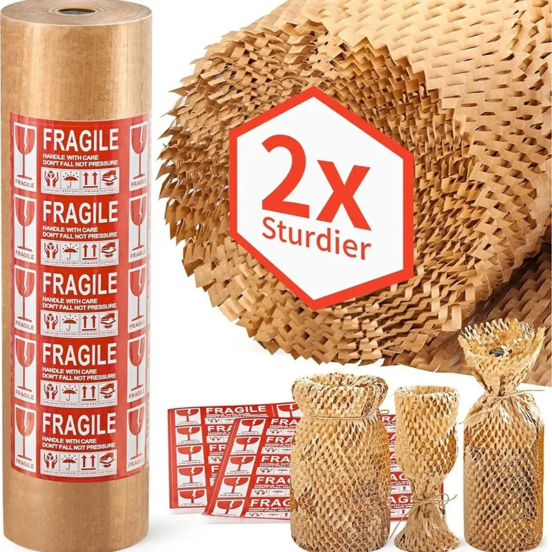 1 Roll Honeycomb Packing Paper, Perforated, Recyclable, Plastic-Free, Environmentally Friendly, Sturdy, Moving Supplies, Shipping & Moving, Fragile Stickers Included