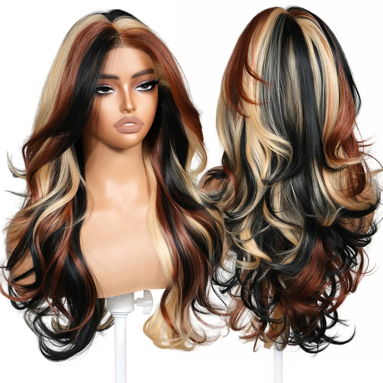 BrownBomb Calico Feather Synthetic 13*6 HD Lace Body Wave Wig - 26 Inch, Airy Glueless, Pre-Cut Lace, Pre-Plucked, Face-Framing Curly Bangs, Perfect Free Part, Heat-Resistant Fiber, Realistic for Daily Wear, Parties, Summer Events, Glueless Lace Wigs