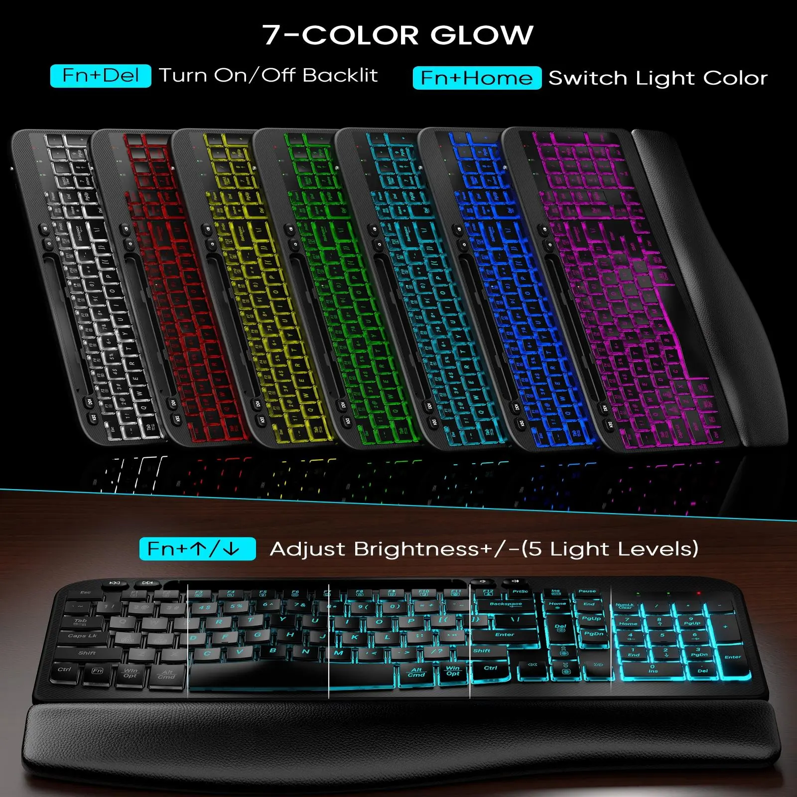 SABLUTE MA22 Pro Ergonomic Wave Wireless Combo - Non-Bluetooth Rechargeable Backlight Keyboard, RGB Mouse, Leather Wrist Rest, Phone Holder for Office-Gaming Use, Ergonomic Keyboard And Mouse Wireless Combo