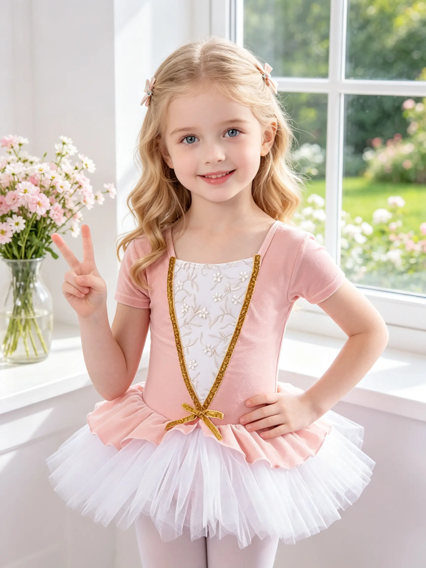 Little Girls Leotard with Tulle Skirt, Gold Trim Lace Bow Toddler Dance Dress for Ballet Class, Dance Practice and Stage Performance