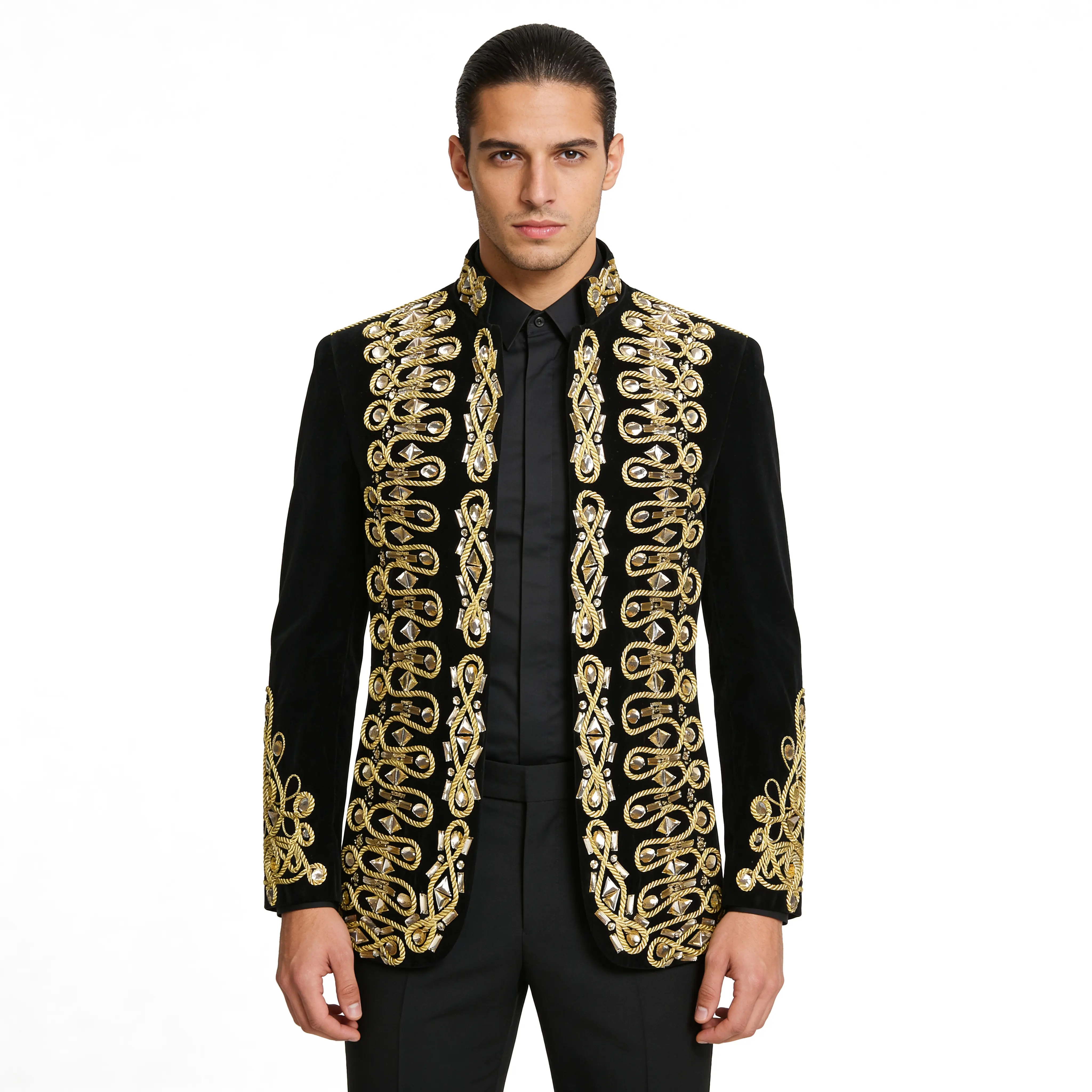 Pyiujtr Men's Baroque-Inspired Velvet Blazer with Knot Embroidery & Gold Crystal Details Masculine Court Suit Jacket for Royalcore Style