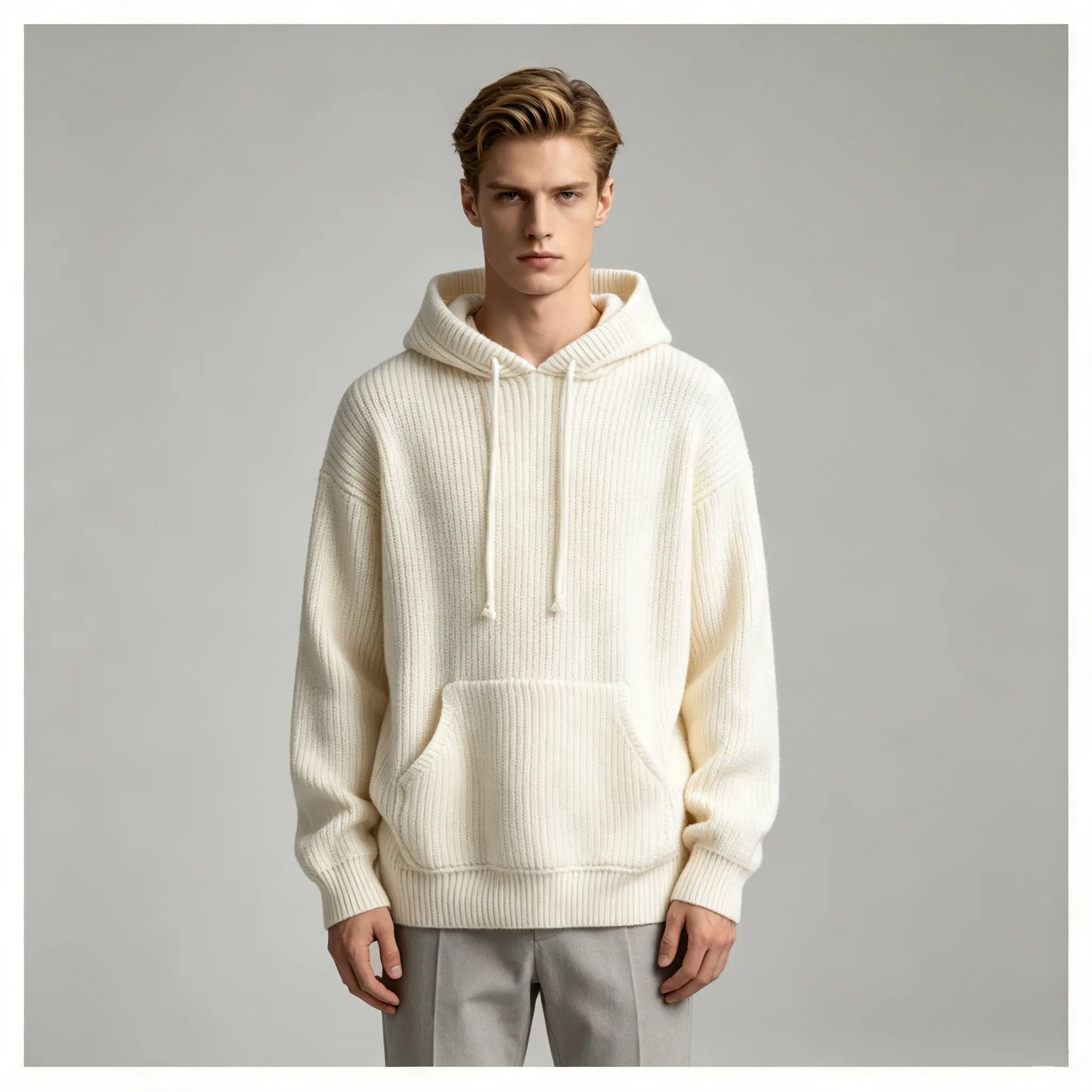 Men’s thick ribbed knit hoodie, loose-fit sweatshirt with kangaroo pocket, casual vintage long-sleeve knitted sweater suitable for autumn and winter