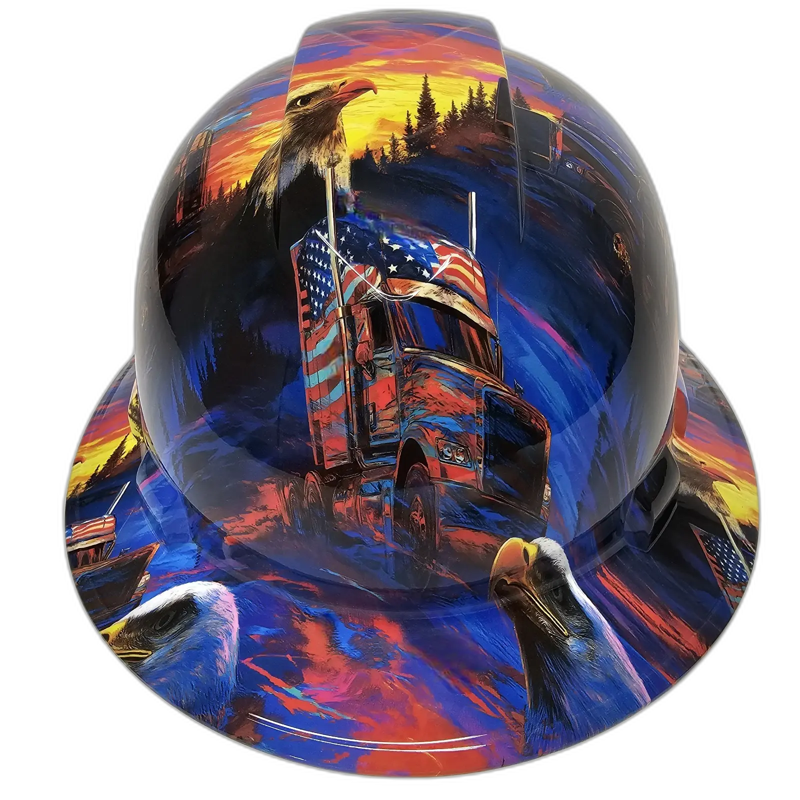 Patriotic Big Rig Trucker Art - Custom Hydro Dipped Full Brim Hard Hat
