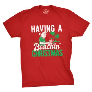 Mens Having A Beachin Christmas T Shirt Funny Santa Claus Cocktail Tee Mens Funny T Shirts Cool Vintage Fashion T-Shirt Gift Classic Menswear Christmas Apparel for Men Funny Summer Short Sleeve Novelty Tees for Red